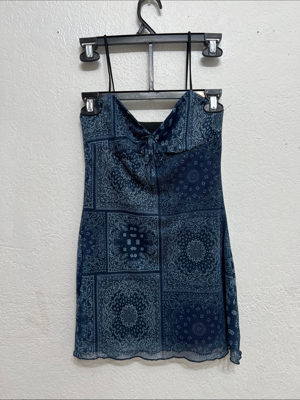 Navy Bandana-Print Slip Mini Dress with Tie Front
